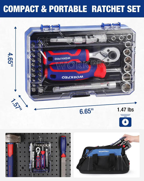 34 Piece One Fourth Inch Drive Mini Socket Ratchet Set With Bits Magnetic Driver Dual Socket And Bit Head Ratchet in case