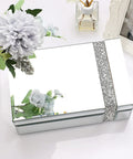 Lux Glass Mirrored Jewelry Box With Crushed Diamonds Strip Decor And Blinged Out Sparkle Accent Storage For Rings Earrings And Necklaces High End Vanity Keepsake Box Designed For Women And Girls Gift on white table next to flowers