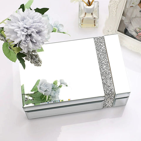 Lux Glass Mirrored Jewelry Box With Crushed Diamonds Strip Decor And Blinged Out Sparkle Accent Storage For Rings Earrings And Necklaces High End Vanity Keepsake Box Designed For Women And Girls Gift on white table next to flowers