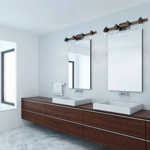 Bathroom with Phoenix 4-Light Vanity Light With Matte Black Finish And Dark Faux Wood Accents above double mirrors