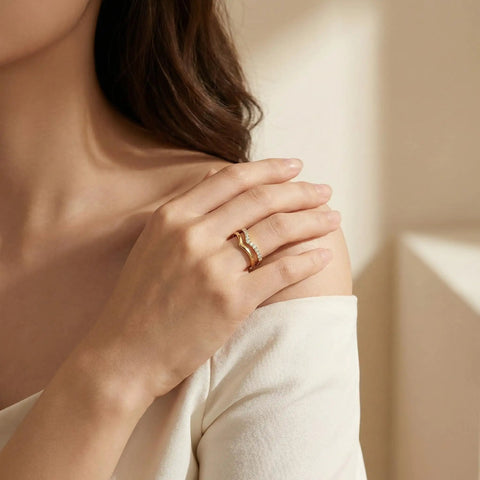 Woman wearing Stackable Pinky Ring For Women Stainless Steel Solitaire Band In Gold Silver Rose Gold And Black Non Tarnish Wedding Ring Comfortable Fit Sizes 3 Through 12 With 1mm And 3mm Options on finger