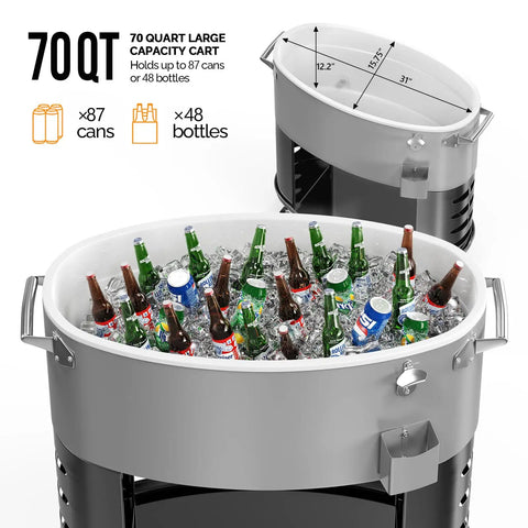 70 Qt Rolling Patio Cooler On Wheels With Bottle Opener And Ice Scoop Portable Ice Chest For Backyard Parties, holds 87 cans