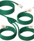 Outdoor Extension Cord 150 Ft With 1 To 3 Splitter, 3 Outlets, 16 AWG Heavy Duty, ETL Listed, green cables coiled