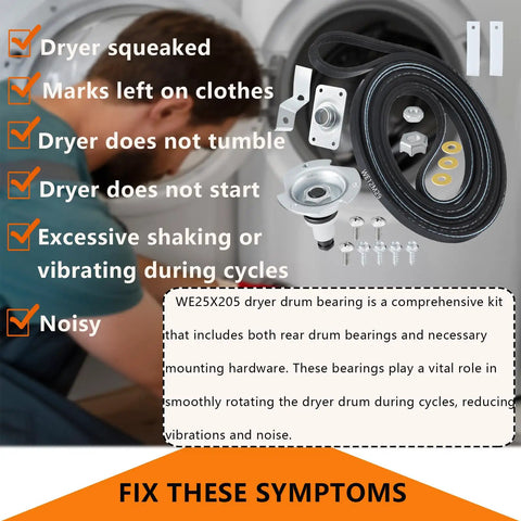 Dryer Drum Bearing Replacement Kit For GE Hotpoint Dryers Includes Drive Belt WE12M29 with fix symptoms graphics