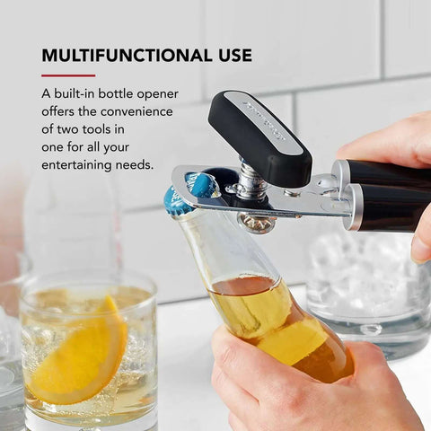 Multifunction Can Opener And Bottle Opener For Easy Kitchen Use with black handles opening a bottle, featuring a smooth turning knob.
