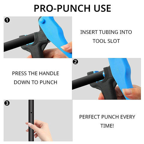 Instructions for using irrigation tubing hole punch tool for one quarter inch fittings and emitter insertion, showing steps.