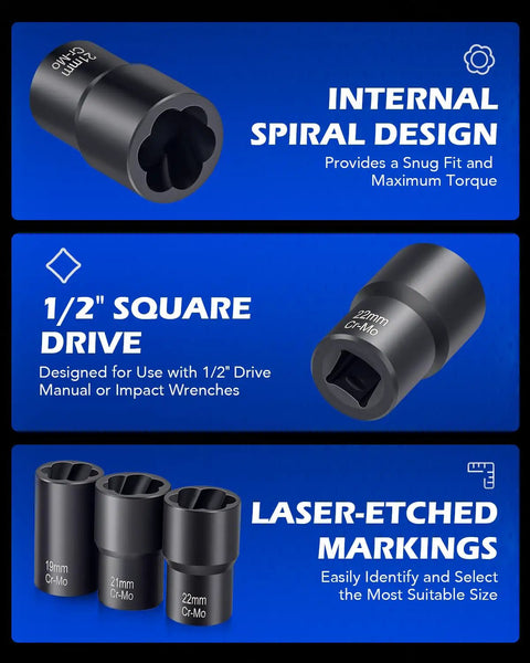Image showing features of the One Half Inch Drive Nut And Bolt Extractor Set With Twist Sockets for Stripped Lug Nuts and Rounded Bolts.