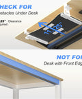 Installation guide for Slick Under Desk Keyboard Tray With Heavy Duty C Clamp Mount, showing clearance and desk compatibility.
