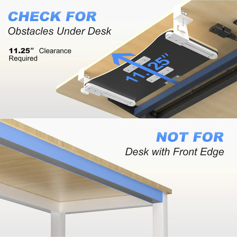 Installation guide for Slick Under Desk Keyboard Tray With Heavy Duty C Clamp Mount, showing clearance and desk compatibility.