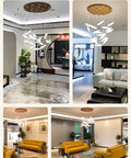 Modern Eight Led Ceiling Pendant Light With Warm Glow Handcrafted Solid Wood Shade Energy Saving Fixture shown in contemporary living spaces.