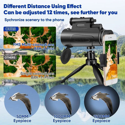 Beast Mode 80x100 Monocular Telescope With Lights For Adults, High Power Handheld Scope With Smartphone Holder And Tripod, Perfect For Bird Watching And Stargazing, Ultra Clear View, black monocular on tripod with phone mount