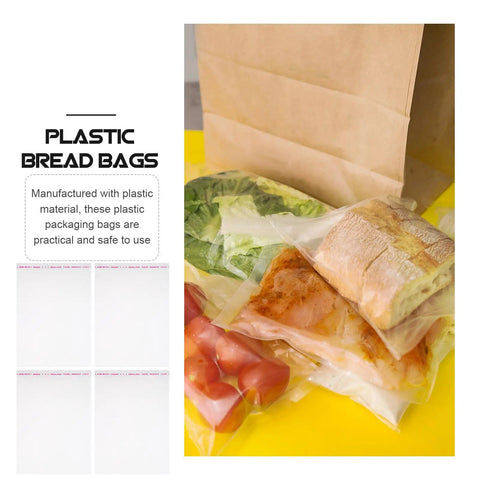 100 Count Clear Self Sealing Cookie Bags With Individual Packaging shown with bread and vegetables