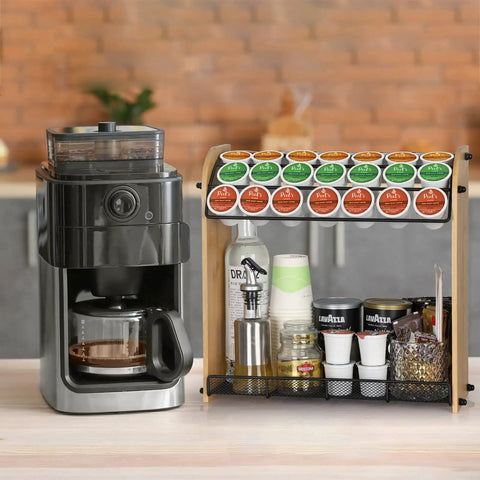Large Capacity K Cup Holder And Coffee Pod Organizer In Natural Bamboo on kitchen counter beside coffee machine