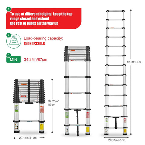 Ultra Lightweight Aluminum Telescoping Ladder For Home DIY Use 12.5 Foot Compact Extension With 16 Foot Max Reach Portable Foldable Safe Type 1A Design With Dual Locking Bolts And Soft Close System Built Tough For Easy Indoor Outdoor Tasks, featuring ladder at multiple extension stages.