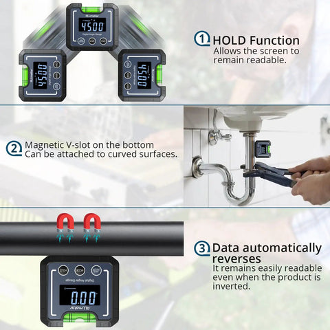 Three views of the Heavy Duty Digital Angle Finder And Smart Inclinometer with clear display and magnetic base for accurate measurements.