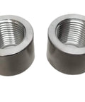 Pair Of Heavy Duty 3/8 Inch NPT Female Weld On Bung Fittings For Fuel Cells Oil Pans Radiators Solid 6061 Aluminum Raw Finish Built Tough As Nails Made In Usa, showing close-up details of the threaded interior.