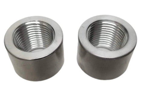 Pair Of Heavy Duty 3/8 Inch NPT Female Weld On Bung Fittings For Fuel Cells Oil Pans Radiators Solid 6061 Aluminum Raw Finish Built Tough As Nails Made In Usa, showing close-up details of the threaded interior.