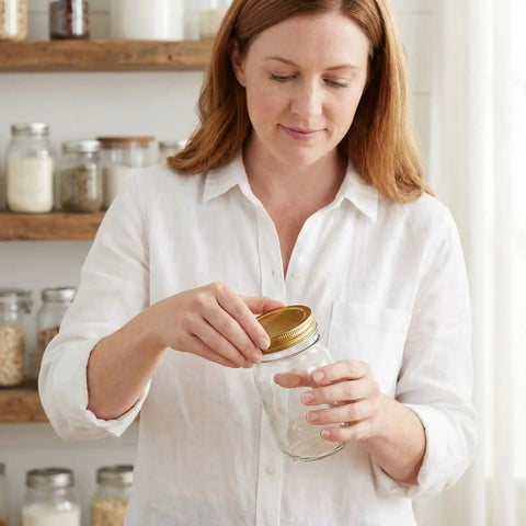 Person using Eight Pack Mason Jar Bee Feeder Lids With Perforated Metal Entrance For Hive Water Or Sugar Syrup, Gold Finish