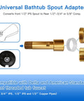 Brass tub spout adapter kit with 3/4 IPS and 1/2 IPS fittings and diverter repair components