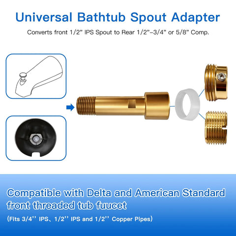 Brass tub spout adapter kit with 3/4 IPS and 1/2 IPS fittings and diverter repair components