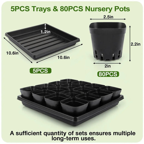 80 Count Two Point Five Inch Square Seedling Pots With Five Seed Starting Trays Kit For No Fuss Germination.