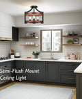 3 Light Farmhouse Chandelier With Adjustable Height Pendant Or Convertible Semi Flush Mount, 14.5 Inch Rustic Ceiling Light Fixture For Dining Room Kitchen Foyer Entryway, Vintage Style Hanging Lighting With Removable Chain in a modern kitchen.