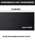 Heavy Duty EVA Workbench Mat 24x72 Inches 5mm Thick Super Grippy Garage Workshop Pad That Shields Your Bench Top From Scratches And Spills Perfect For Tables Tool Stations Rolling Carts And Cabinet Surfaces, dimensions displayed showing black mat.