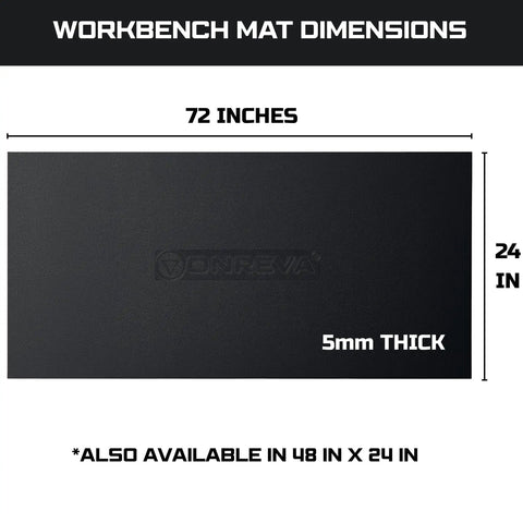 Heavy Duty EVA Workbench Mat 24x72 Inches 5mm Thick Super Grippy Garage Workshop Pad That Shields Your Bench Top From Scratches And Spills Perfect For Tables Tool Stations Rolling Carts And Cabinet Surfaces, dimensions displayed showing black mat.