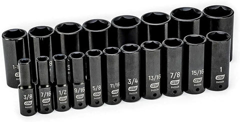 Deep Half Inch Drive Impact Socket Set 6 Point SAE 19 Piece Off Corner Loading Design Reduces Fastener Rounding, black set