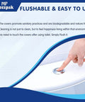 Flushable Toilet Seat Covers Disposable 100 Pcs Pack XL Size Travel Essential for Airplane Camping On The Go Easy Peel Unfold Place Then Flush Biodegradable Kid Friendly for Potty Training and Adults. Hand pressing flush button.
