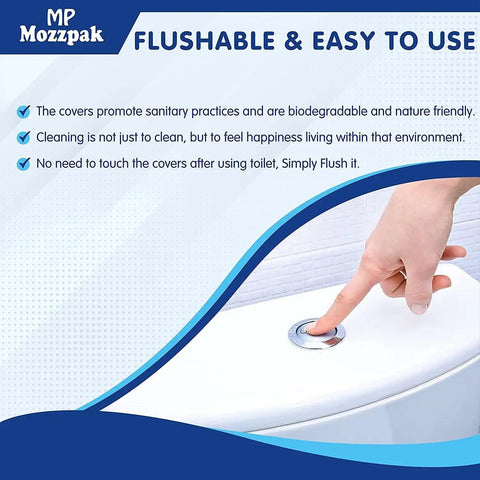 Flushable Toilet Seat Covers Disposable 100 Pcs Pack XL Size Travel Essential for Airplane Camping On The Go Easy Peel Unfold Place Then Flush Biodegradable Kid Friendly for Potty Training and Adults. Hand pressing flush button.