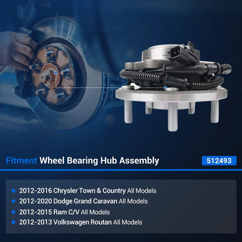Rear Wheel Hub And Bearing Assembly With ABS For Dodge Grand Caravan 2012 2020 Chrysler Town And Country 2012 2016 Volkswagen Routan 2012 2013 Ram CV 2012 2015 5 Lug 2 Pack Drop In Replacement Built To Last Ready For Road