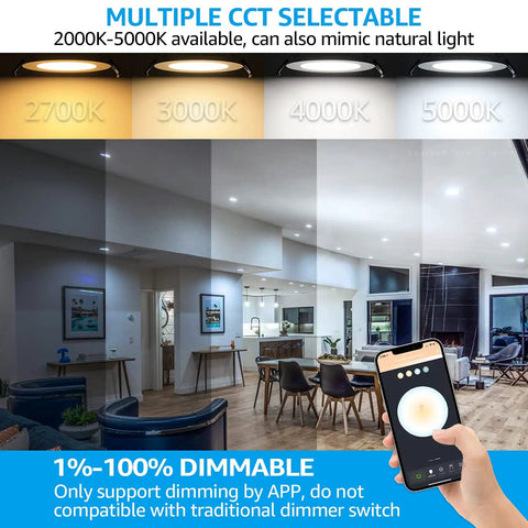Four Inch Smart Recessed Lighting Kit With J Box RGBCW Color Changing LEDs Aluminum Build CRI90 Plus ETL ES Listed in dining room