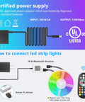 Lit 100 Ft Music Sync LED Strip Lights With App Control And Remote color diagram with power adapter and IR receiver