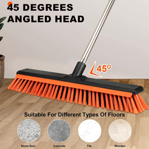 45-degree angled 18 Inch Push Broom Outdoor With Rubber Squeegee For Heavy Duty Cleaning showing bristles and flexibility