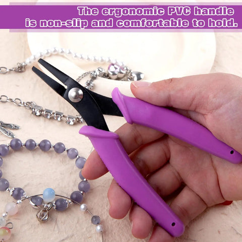 5.5 Inch Mini Flat Nose Pliers for Jewelry Making Duckbill Pliers with Smooth Jaw Bend and Straighten Wires Open Rings One Hand Spring Loaded Handy Tool for DIY Jewelry Craft, purple PVC handle