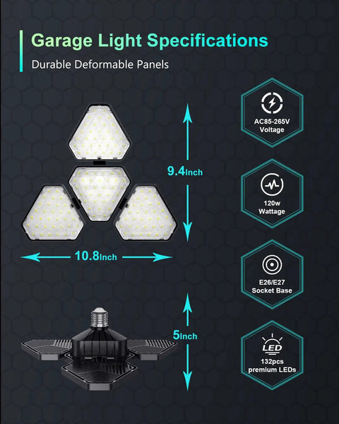 120W LED Garage Light 12000LM 6000K With 3 Adjustable Panels Screw In Ceiling Light Bulb specifications and measurements
