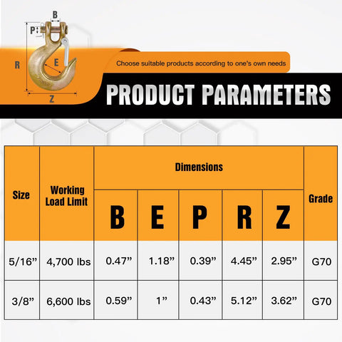 Three Eighths Inch Clevis Slip Hook Set With Safety Latch G70 product parameters chart and dimensions overview
