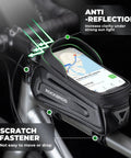 Oversized EVA Waterproof Bike Top Tube Frame Bag Phone Holder With 1.7L Capacity mounted on a bike frame showing scratch fastener and anti-reflection feature