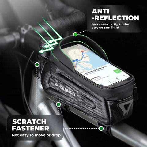 Oversized EVA Waterproof Bike Top Tube Frame Bag Phone Holder With 1.7L Capacity mounted on a bike frame showing scratch fastener and anti-reflection feature
