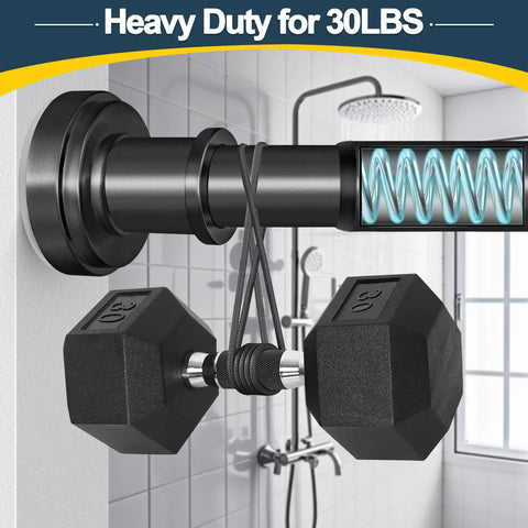 Adjustable Spring Tension Shower Curtain Rod 36 to 84 Inches No Drilling Rustproof with dumbbells for weight test