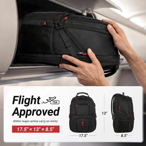 Heavy Duty Built Tough 17 Inch Laptop Backpack for Men and Women, flight approved, being placed in overhead bin with size dimensions shown.