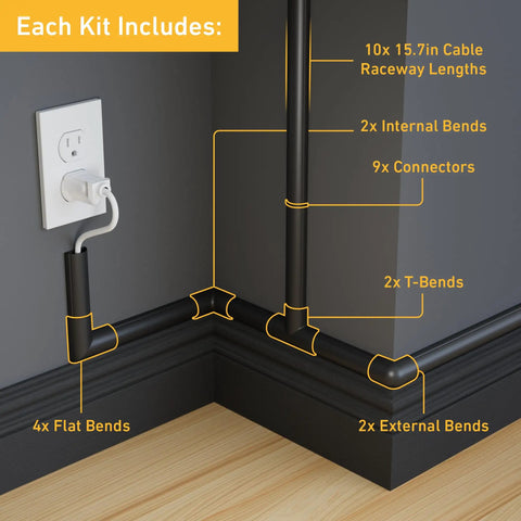 Beige Self-Adhesive Cable Raceway Kit For Wall Wires, Paintable Cord Cover showing setup with various connectors and bends.