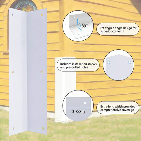 Tough As Nails Double Pack White Stainless Steel Corner Guards 3 3/8 X 3 3/8 X 11 3/4 Inches with 89-degree angle for installation.