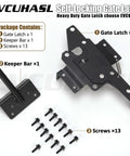 Heavy Duty Rock Solid Self Locking Gate Latch Post Mount Automatic Gravity Door Security Hardware Steel Black Finish For Backyard Pool Fence Upgrade components and assembly parts on white background.
