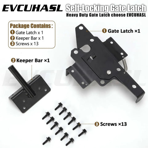 Heavy Duty Rock Solid Self Locking Gate Latch Post Mount Automatic Gravity Door Security Hardware Steel Black Finish For Backyard Pool Fence Upgrade components and assembly parts on white background.