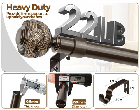 Bronze telescoping curtain rod with splicing design adjustable 32 to 58 inches 7/8 inch diameter leaf finials, supports 22lb