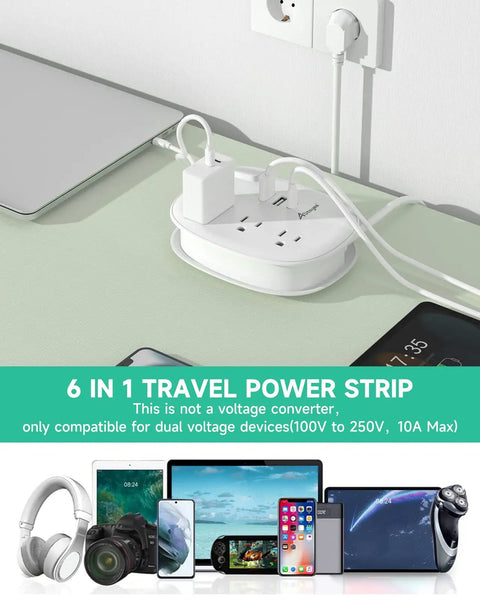 US To Europe Travel Plug Adapter With 3 Outlets And 3 USB Ports USB C European Power Strip With 3 Foot Cord in use