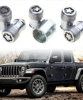 Heavy Duty Wheel Locking Lug Nut Kit For Auto Techs And Adventure Buffs M14x1.5 Anti-Theft Security Bolt Set With Easy Install Design To Keep Your Wheels Locked Tight And Safe On Any Trail Or Highway Drive. M14x1.5 metal wheel lock nuts with Jeep truck in background