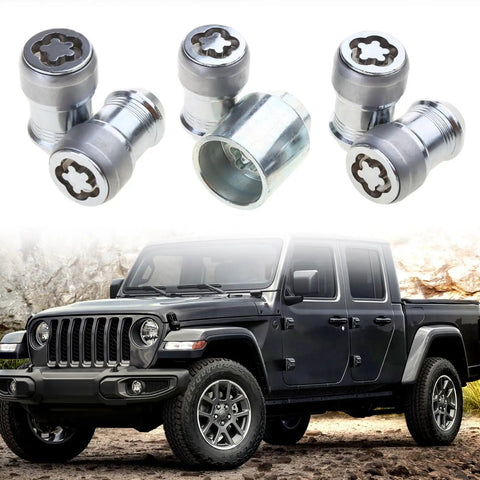 Heavy Duty Wheel Locking Lug Nut Kit For Auto Techs And Adventure Buffs M14x1.5 Anti-Theft Security Bolt Set With Easy Install Design To Keep Your Wheels Locked Tight And Safe On Any Trail Or Highway Drive. M14x1.5 metal wheel lock nuts with Jeep truck in background